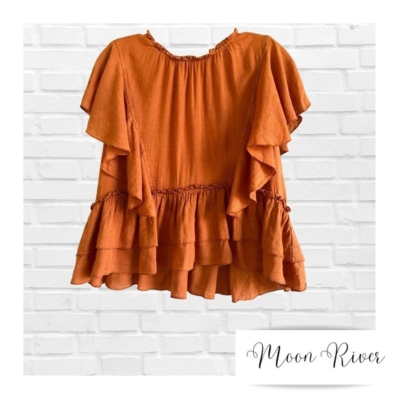 Moon River Orange Linen Blend Butterfly Sleeve Ruffle Top Anthropologie Medium - Picture 1 of 10